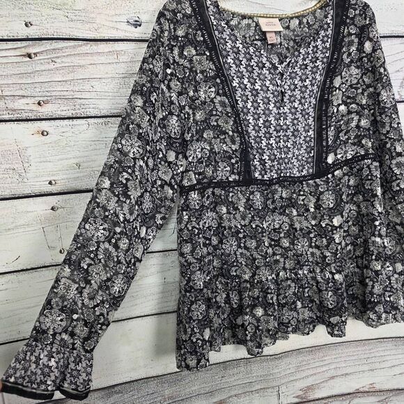 Knox Rose XL Black White Boho Floral Peasant Blouse - Picture 4 of 8